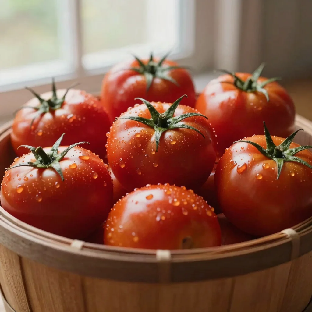 Close-up of vibrant red tomatoes freshly picked, still with dew,