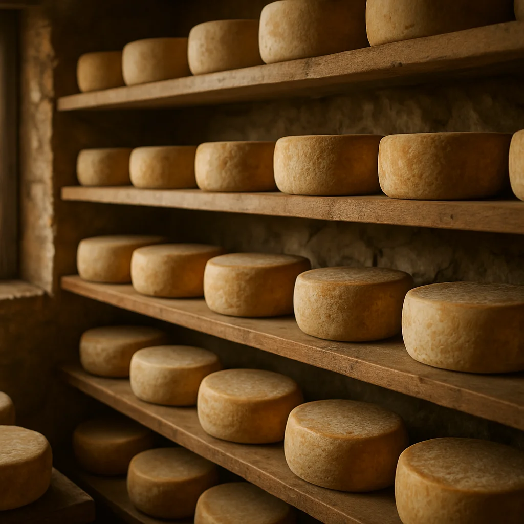 Artisanal cheese wheels aging on wooden shelves in a cool cellar,