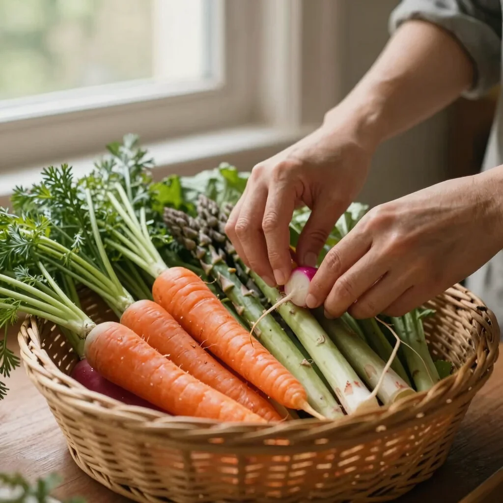 Hands gently arranging colorful seasonal vegetables (carrots, rad