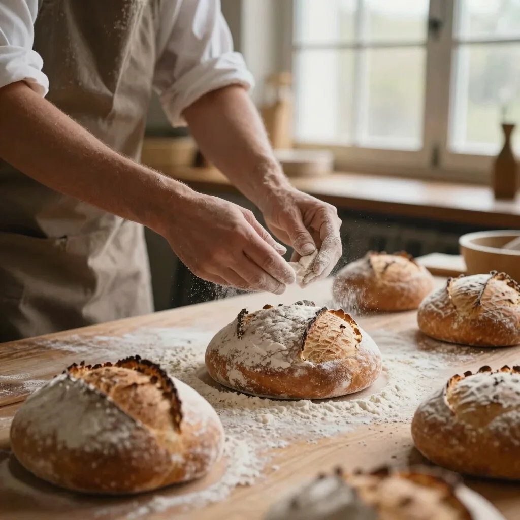 A baker's hands dusting flour over sourdough loaves on a wooden c
