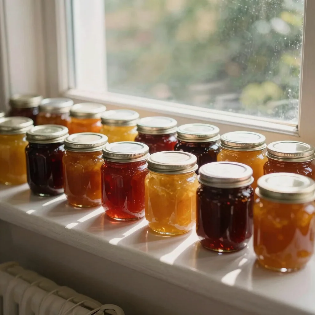 Glass jars of homemade fruit preserves (jams, chutneys) neatly li