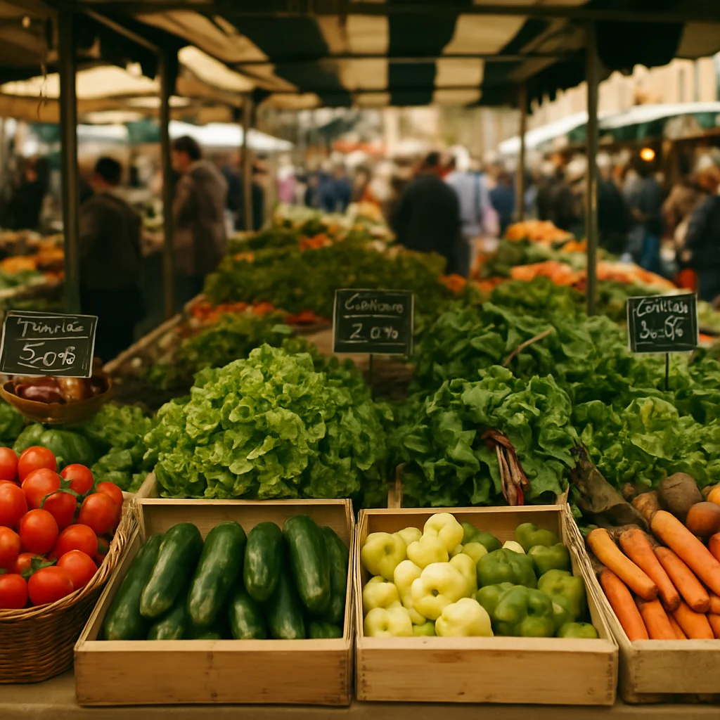 A traditional French market stall brimming with fresh produce, vi